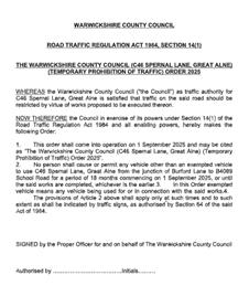 Road Closure Spernal Lane